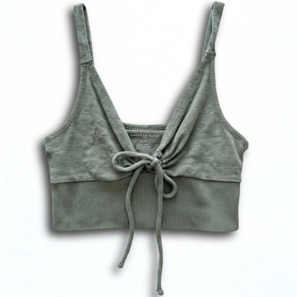 American Eagle Sage Green Terry Cloth Front Tie Ribbed Crop Top Medium NWT